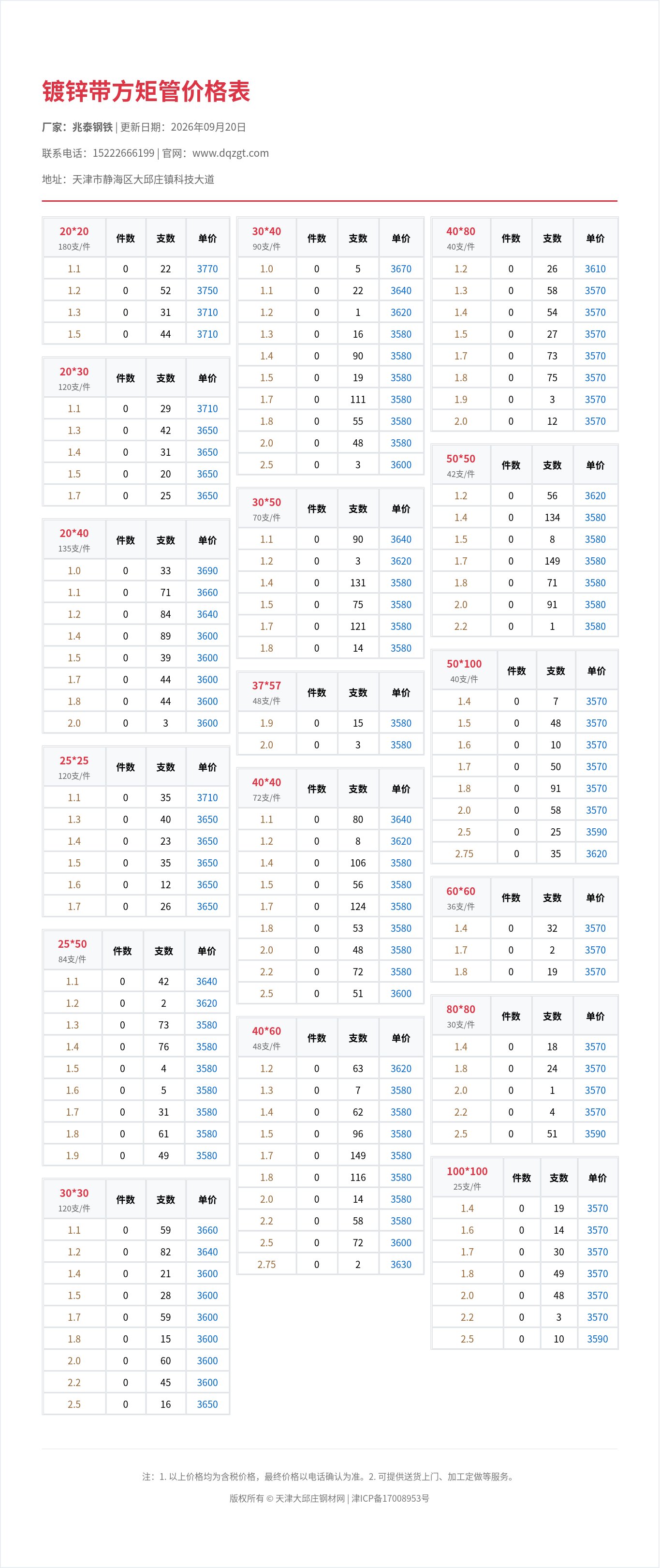 镀锌带方矩管价格表