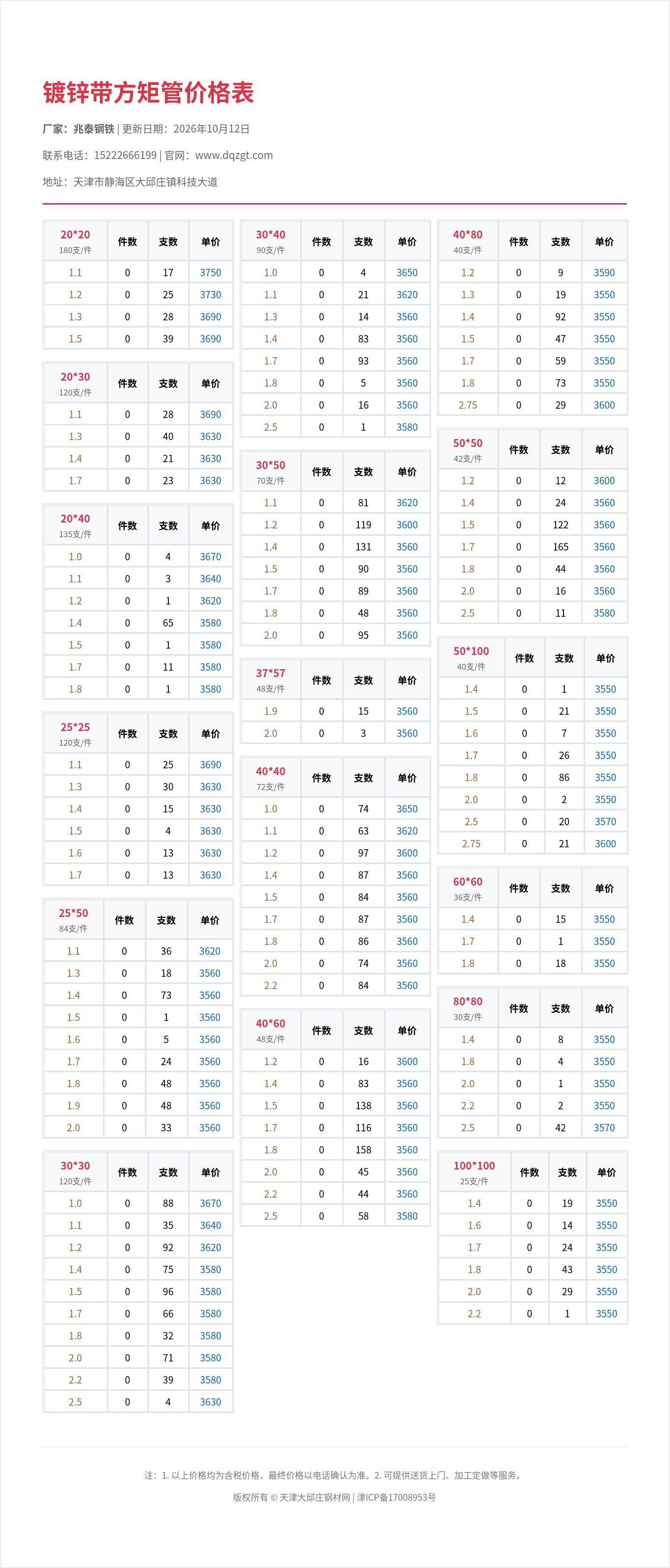 镀锌带方矩管价格表