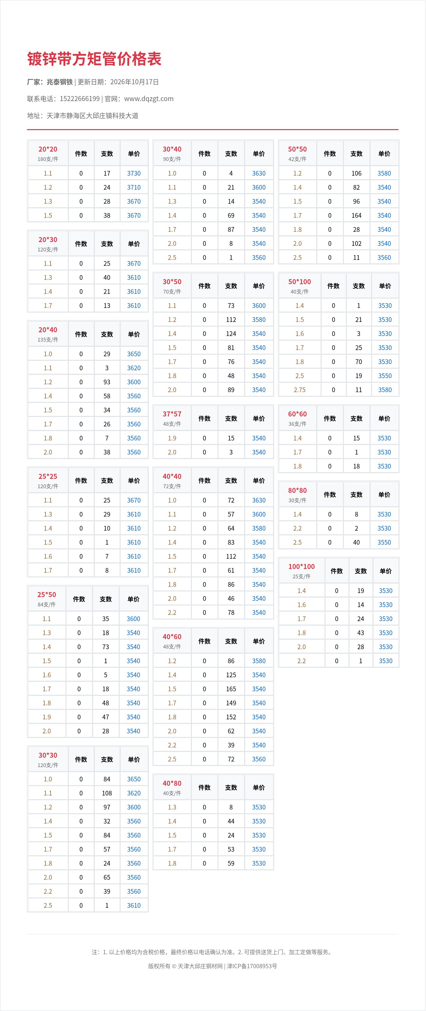 镀锌带方矩管价格表