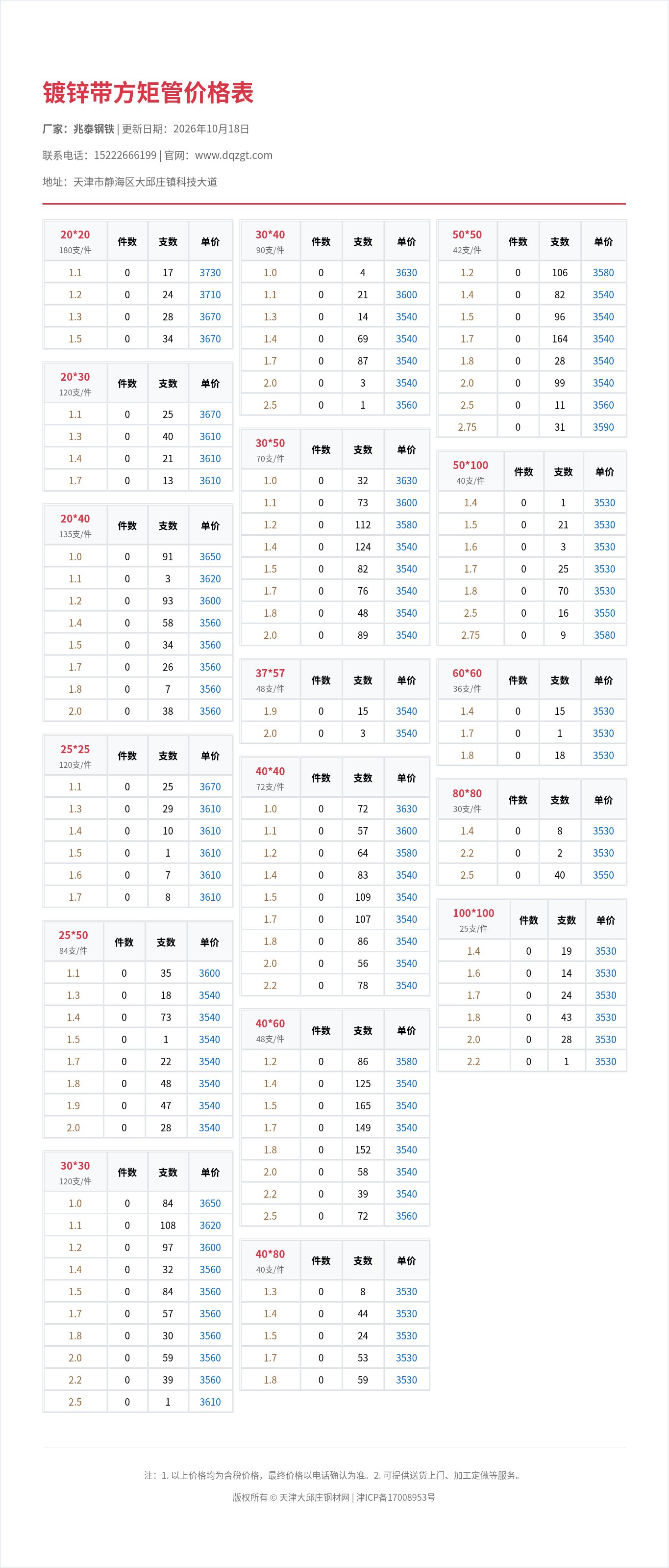 镀锌带方矩管价格表